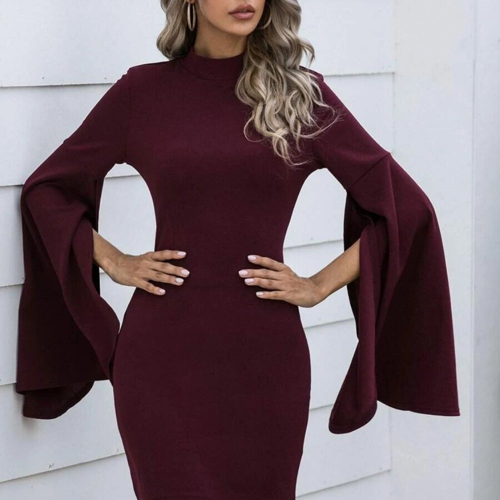Women's Cloak Sleeve Bodycon Mini Dress - Picture 3 of 7